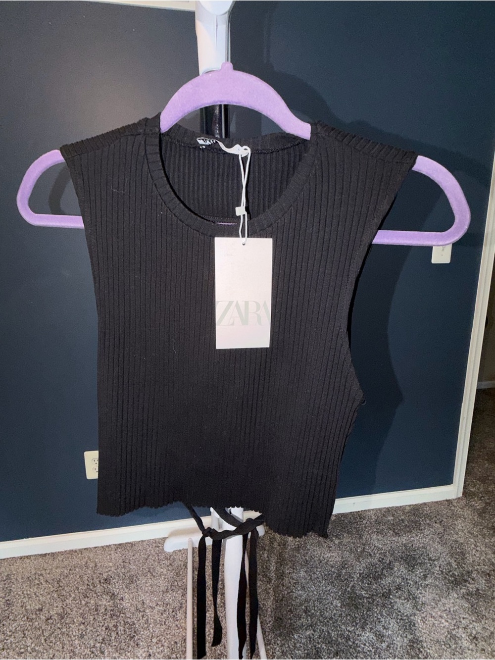 ZARA Black Backless Ribbed Tie-Back Tank Top